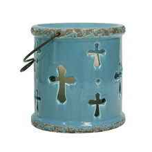 Light blue hollow portable ceramic candle cup Hollow hanging candle cup