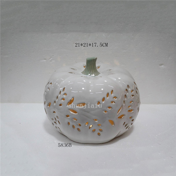 White Ceramic Pumpkins Shape LED Lantern Ceramic Pumpkin Hollowed-out Lantern Ceramic Pumpkins Decorations