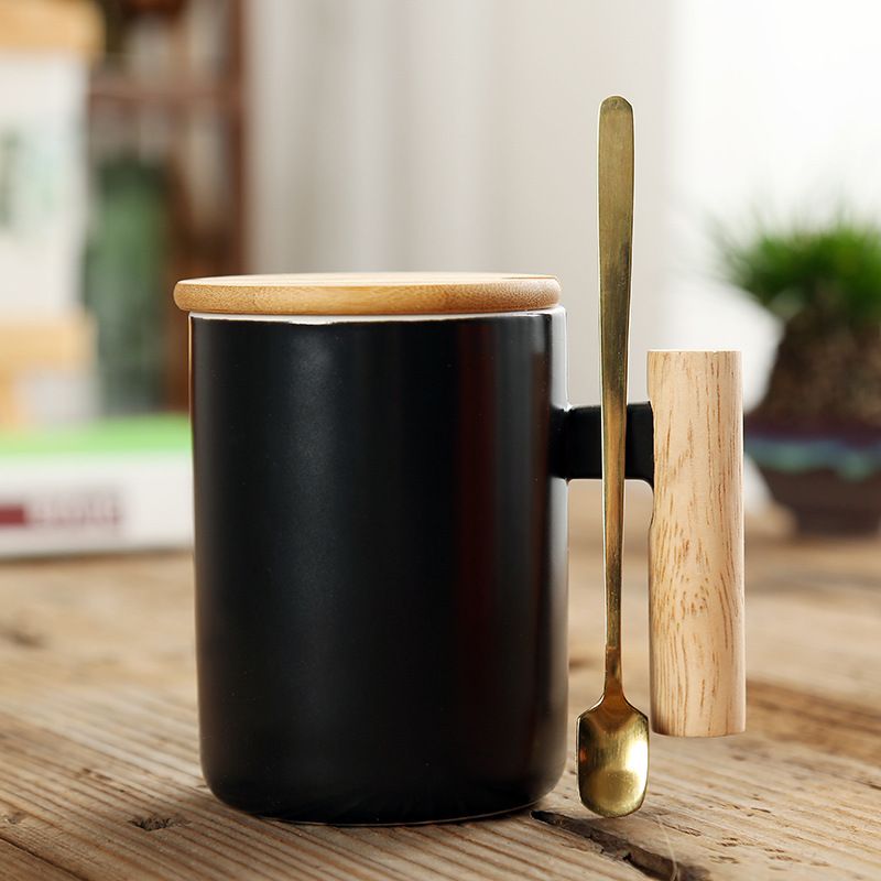 custom logo gift box porcelain coffee mug set ceramic cups with wooden handle with bamboo lid and metal spoon ceramic cups set