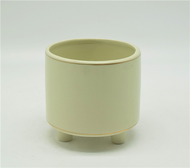 Light Yellow Table Top Flowerpot with Three Legs Three Feet Brace White Ceramic Flower Pot