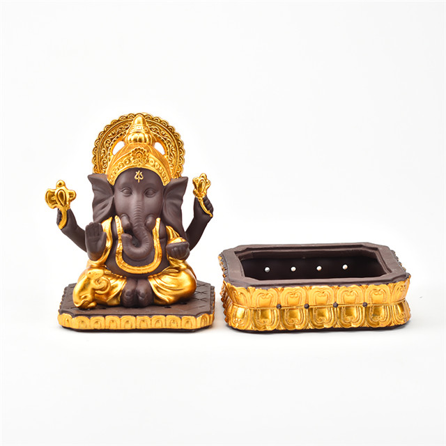 Ceramic Golden Ganesha Incense Burner Wedding Supply Censer Holder Waterfall Flowing Backflow 